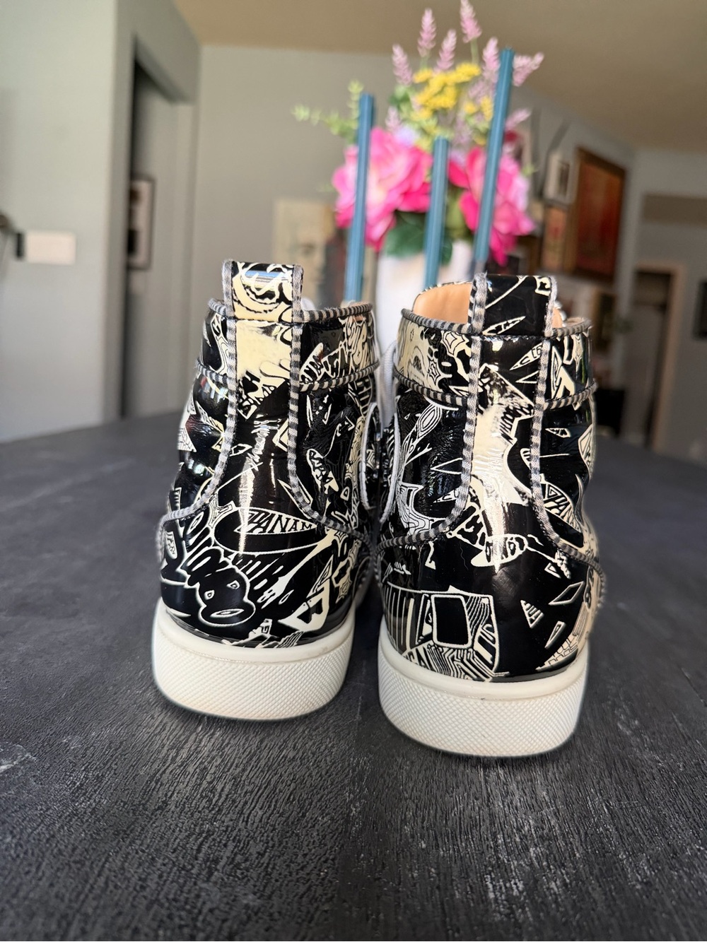 Christian Louboutin Black & White Graphic High-Top Sneakers - Picture 4 of 10